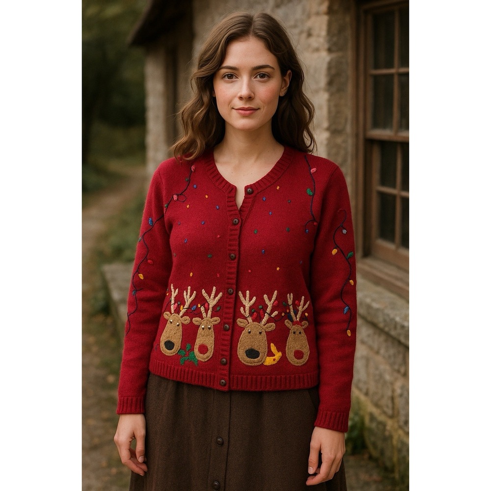Vintage Christmas Cardigan‎ Petite PS Red Knit Holiday Sweater Reindeer